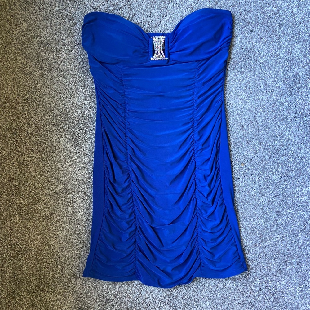 Blue strapless mini dress